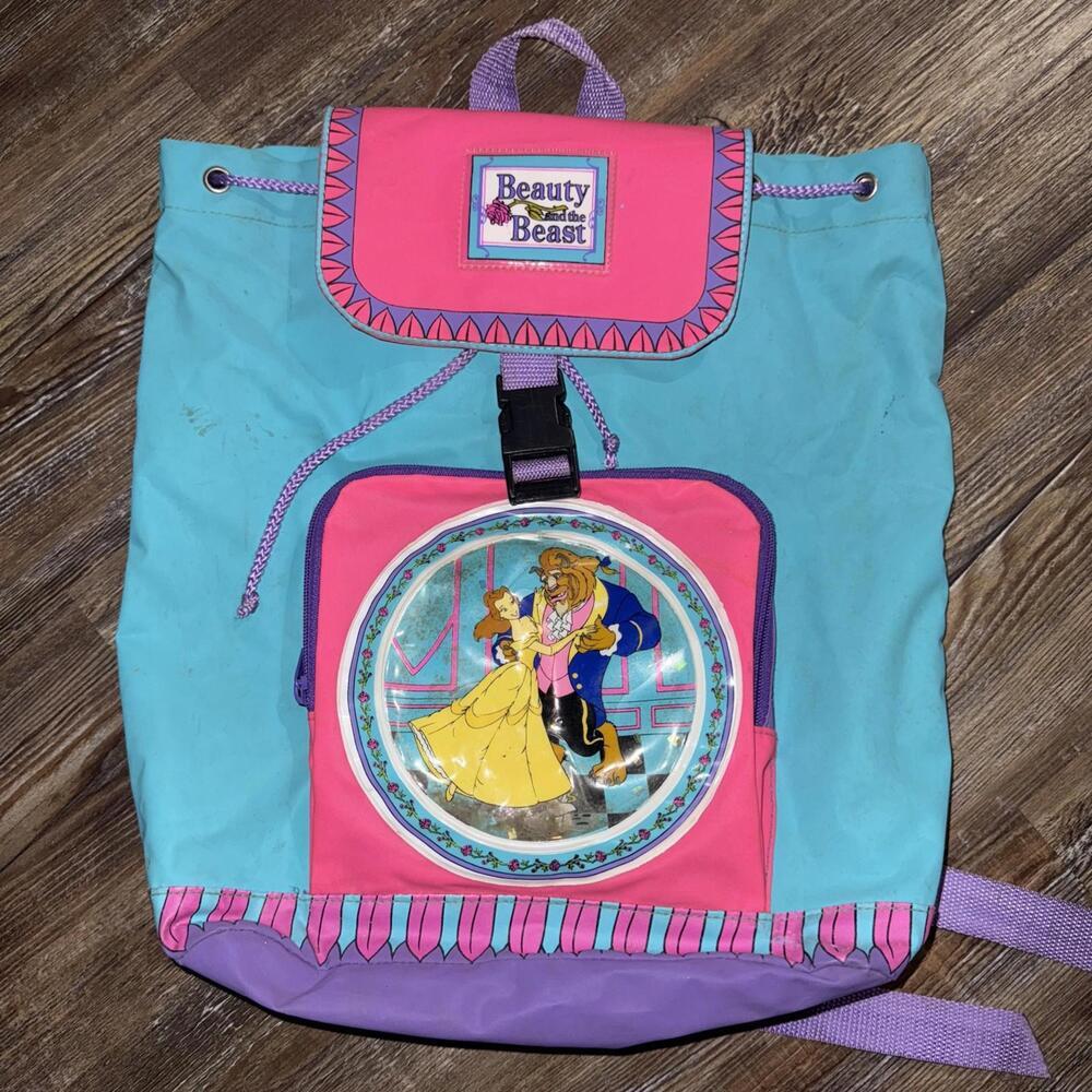 Rare VTG Disney 90s‎ Pink Turquoise Beauty & the Beast Canvas Bookbag Backpack